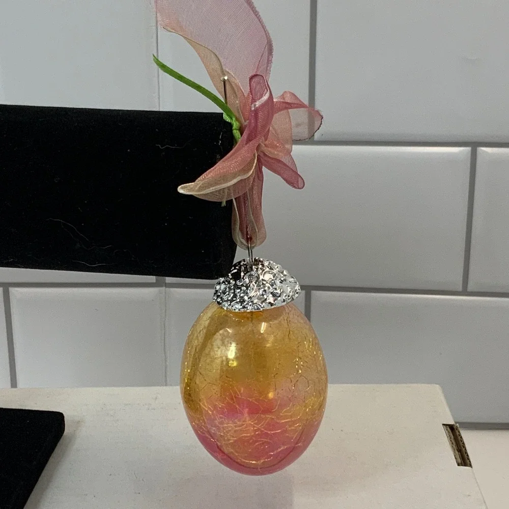 Crackle‎ Glass Egg Ornament Pink Amber Gradient Easter Spring Decor with Ribbon